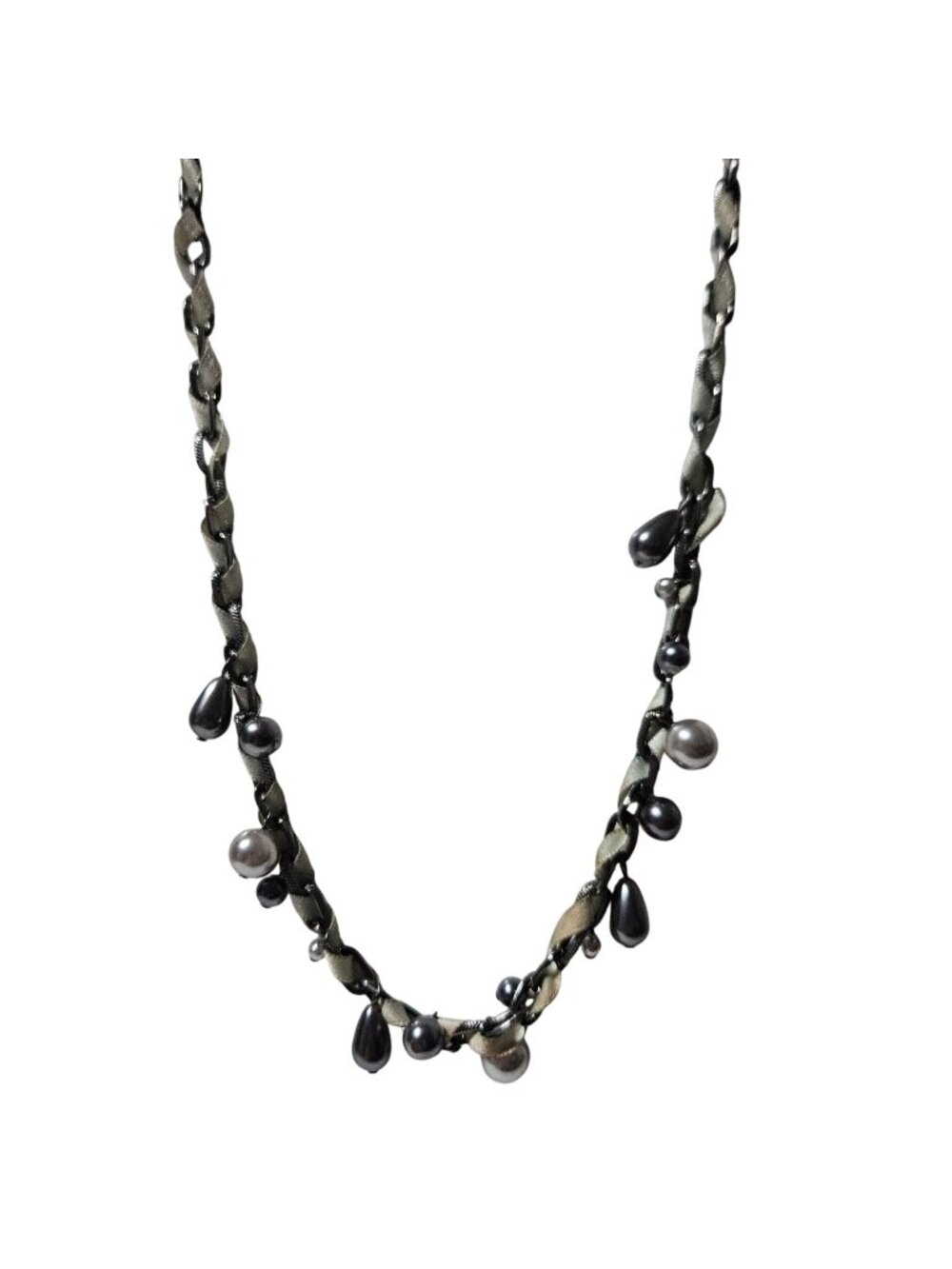 Vintage RMN Necklace Ribbon Chain Faux Pearl Charms Artisan Fashion Jewelry